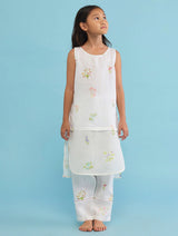 Aneya Patchwork Floral Linen Kurta Set - White