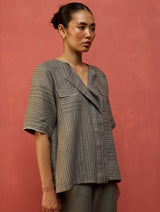 Shiro Stripe Linen Top - Grey