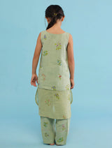 Aneya Patchwork Floral Linen Kurta Set - Mint