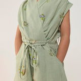Mema Shawl Printed Collar Linen Dress - Mint