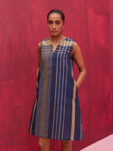 Ayla Check Linen Dress with Blazer - Navy