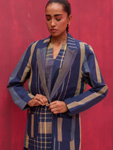 Ayla Check Linen Dress with Blazer - Navy