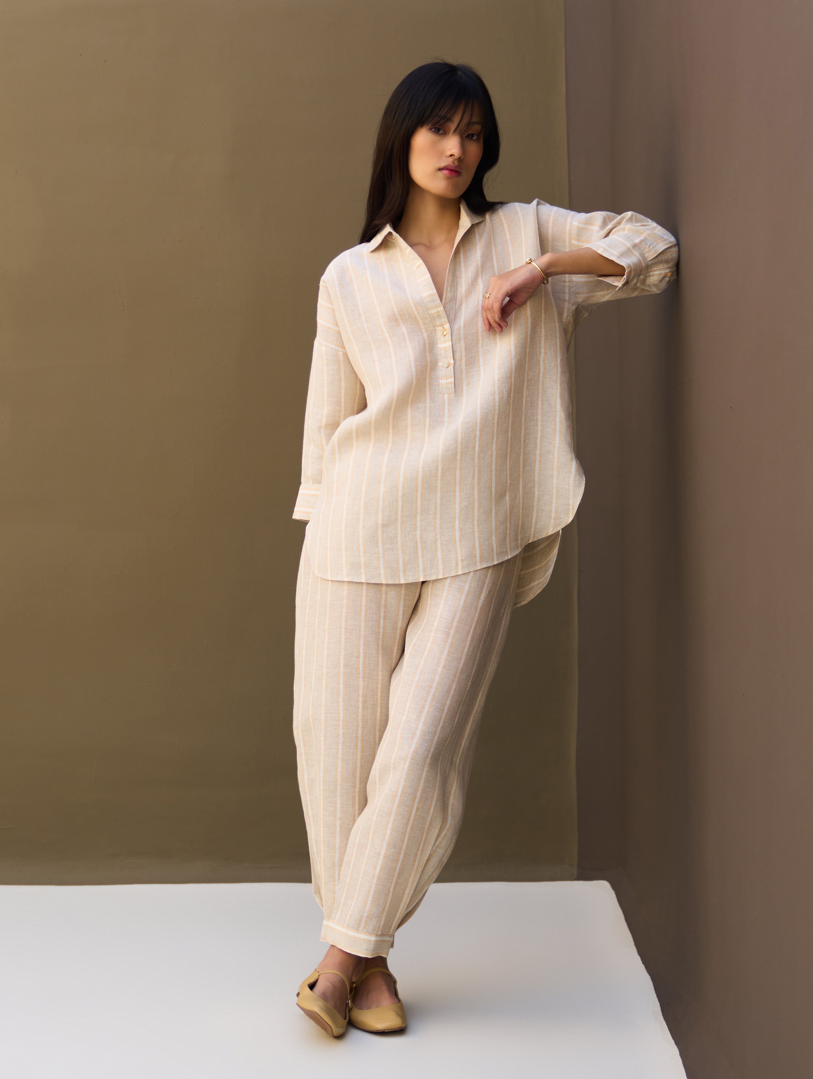 Khaki linen stripe co-ord skirt set