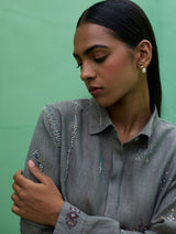 Kira Hand-Embroidered Linen Shirt - Grey