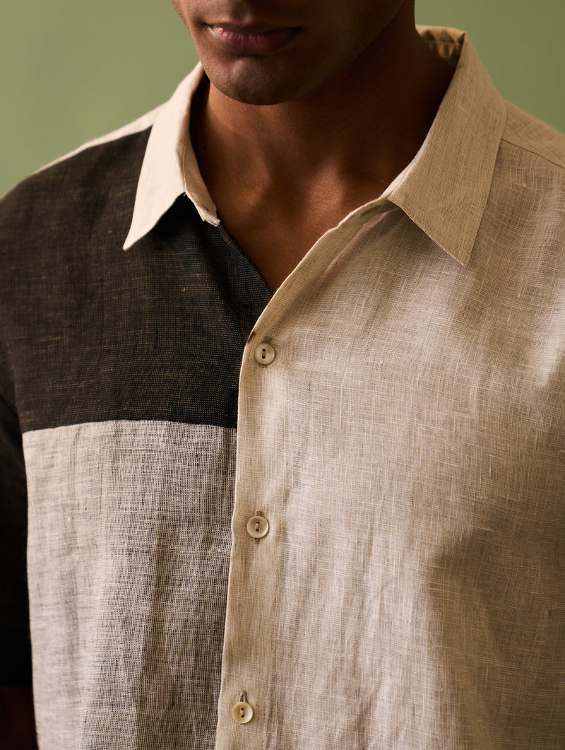 Junsu Color Blocked Linen Shirt - Charcoal