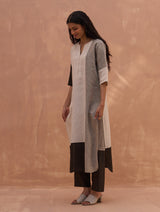 Mila Color-Blocked Linen Kurta Set - Charcoal