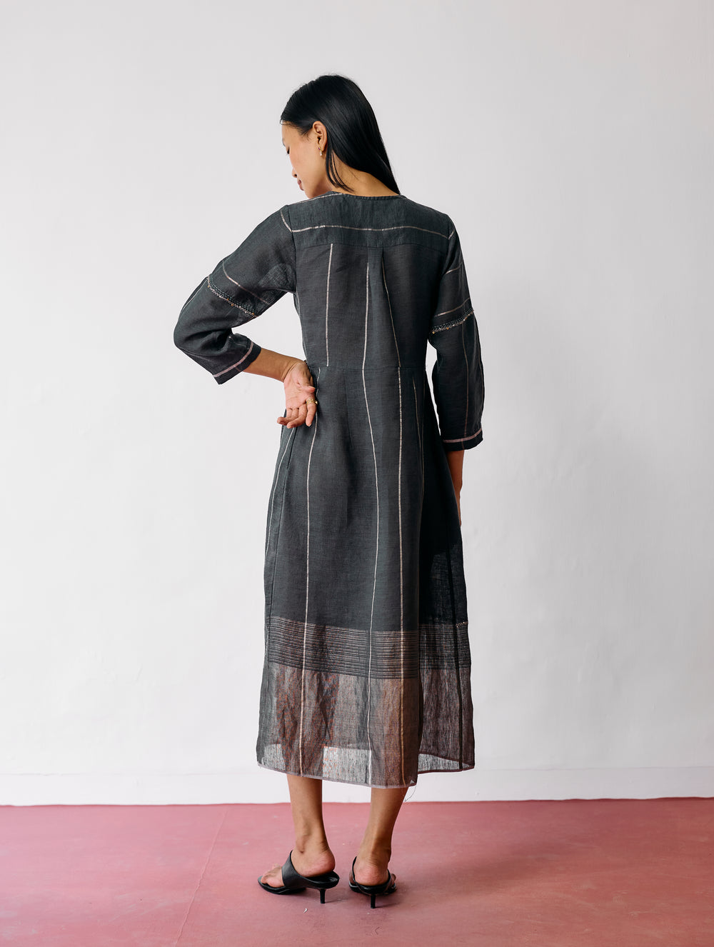 Raya Metallic Linen Wrap dress - Charcoal
