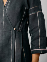 Raya Metallic Linen Wrap dress - Charcoal