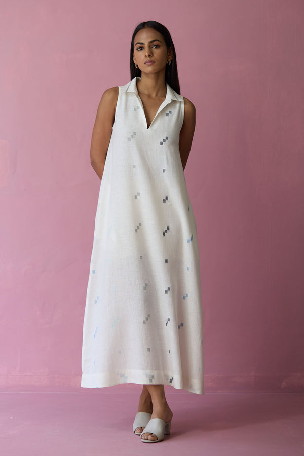 Cara Collared Jamdani Linen Dress - Ivory