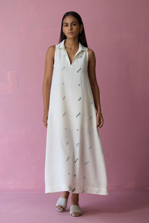 Cara Collared Jamdani Linen Dress - Ivory