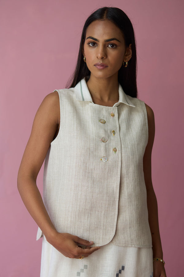 Ira Pickstitch Linen Vest - Ecru