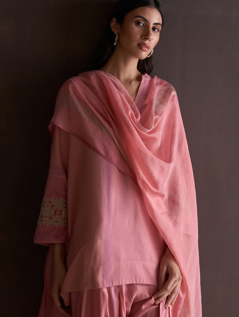 Rya Handwoven Metallic Dupatta - Coral