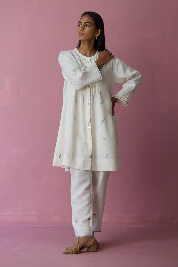 Dima Jamdani Linen Pintuck Co-ord Set - Ivory