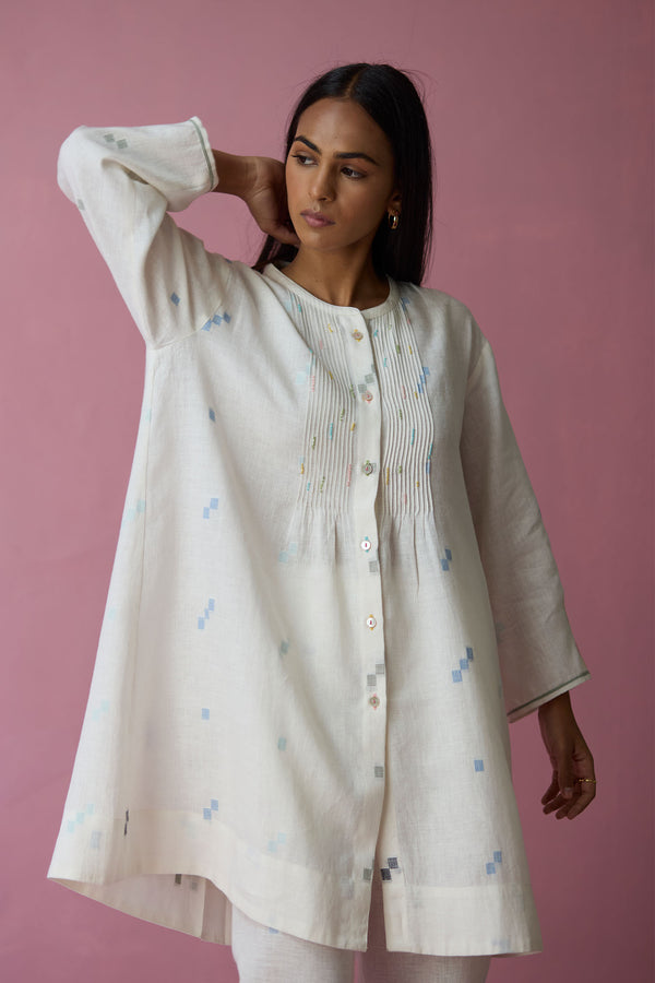 Dima Jamdani Linen Pintuck Co-ord Set - Ivory