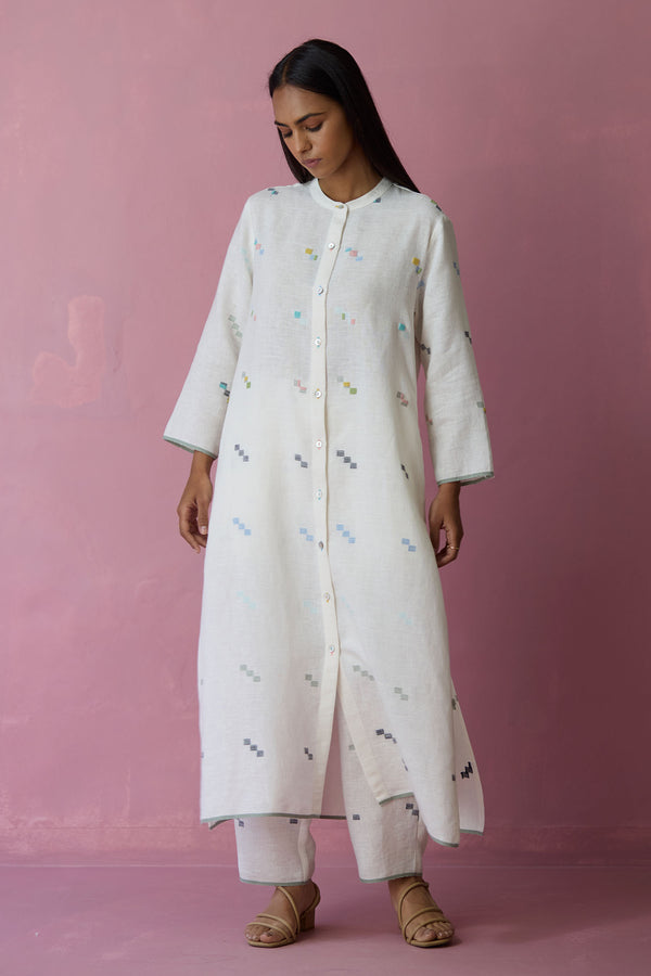 Miel Hand-Embroidered Jamdani Linen Kurta Set - Ivory