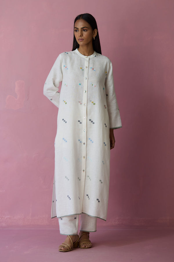 Miel Hand-Embroidered Jamdani Linen Kurta Set - Ivory