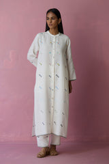 Miel Hand-Embroidered Jamdani Linen Shirt Kurta - Ivory
