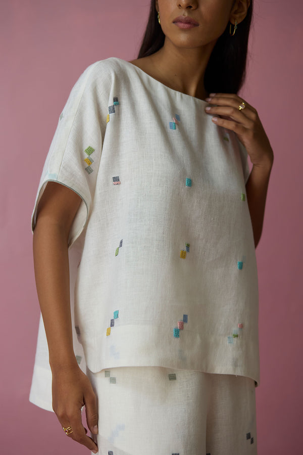 Kanni Hand-Embroidered Jamdani Co-ord Set - Ivory