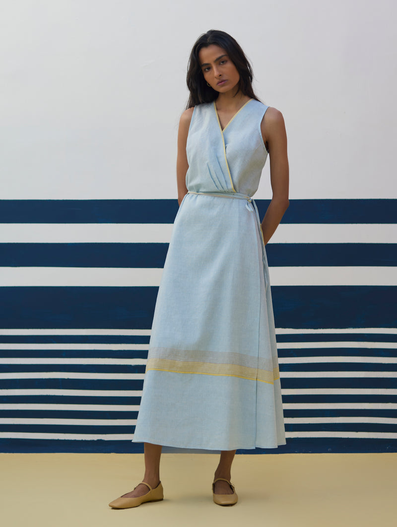 Ava Border Linen Wrap Dress - Sky Manan Ava Border Linen Wrap Dress - Sky Manan