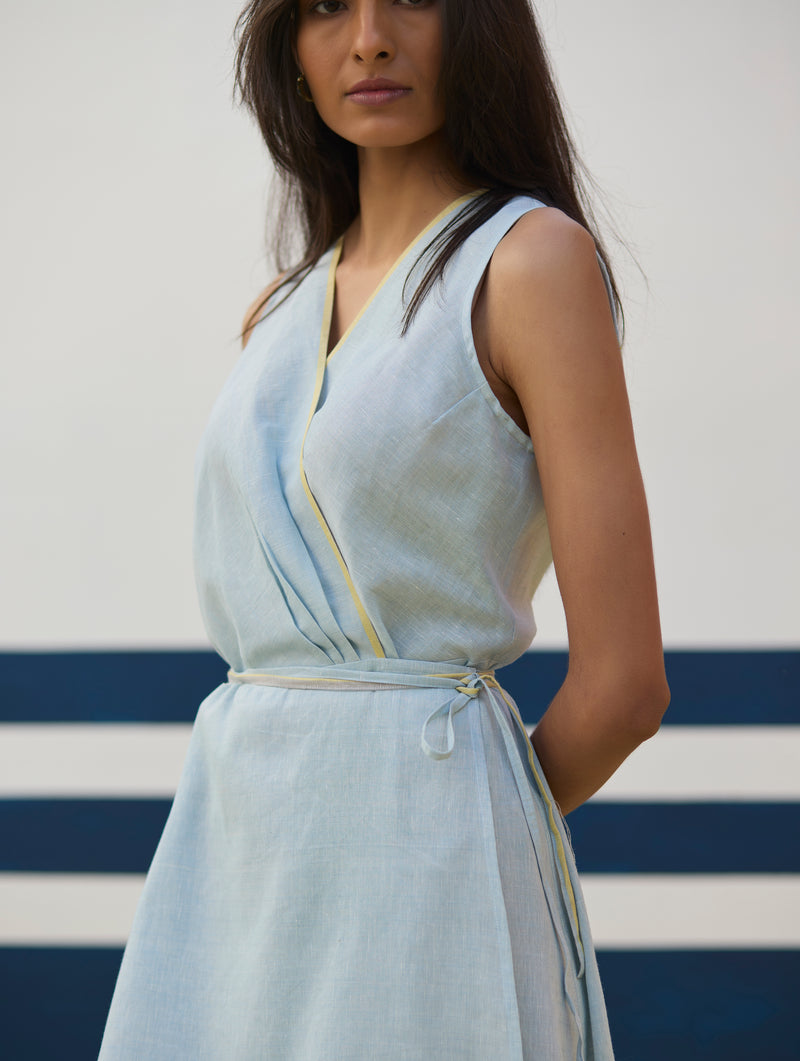 Ava Border Linen Wrap Dress - Sky Manan Ava Border Linen Wrap Dress - Sky Manan