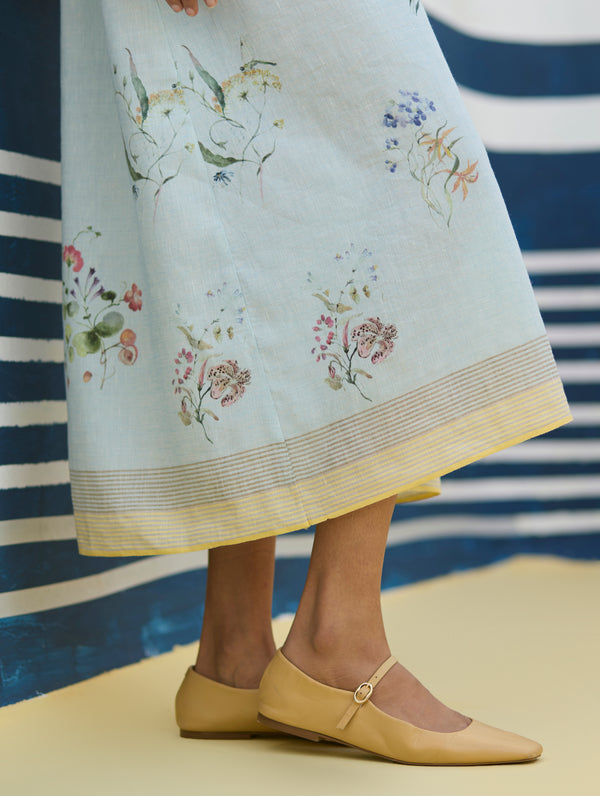 Greta Floral Linen Dress - Sky