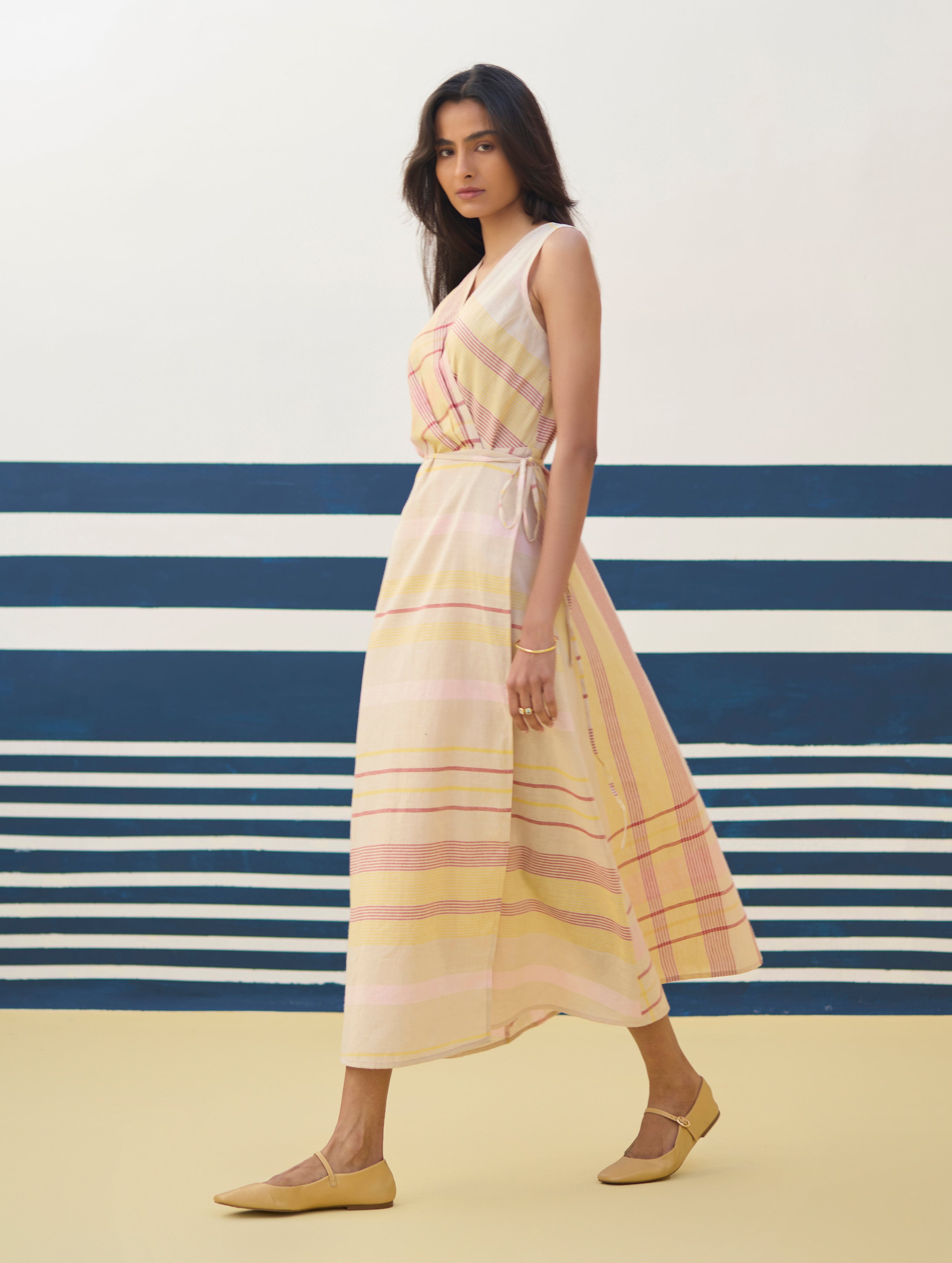 Ava Check Linen Wrap Dress - Sand – Manan