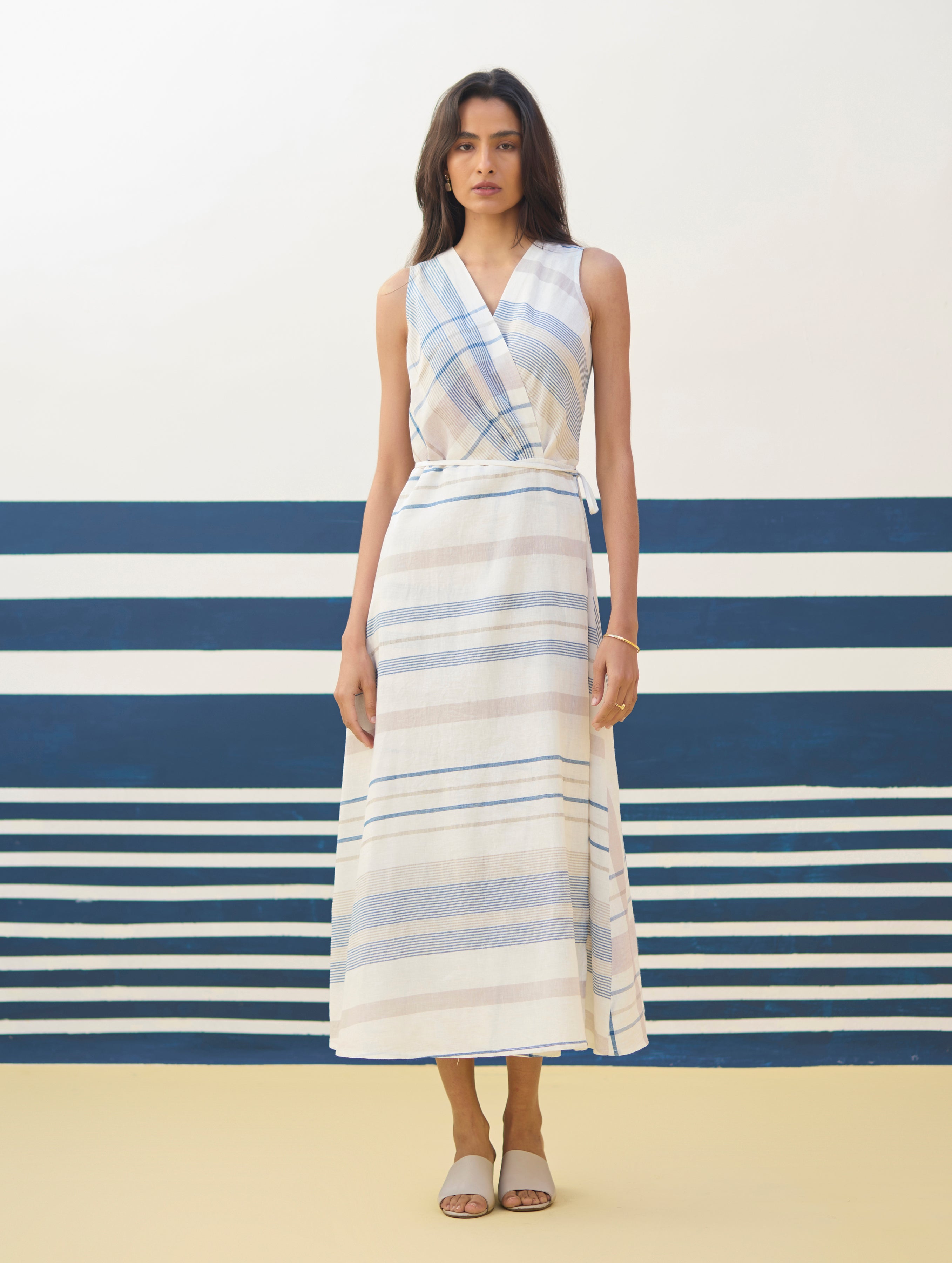 Ava Check Linen Wrap Dress - Ivory – Manan