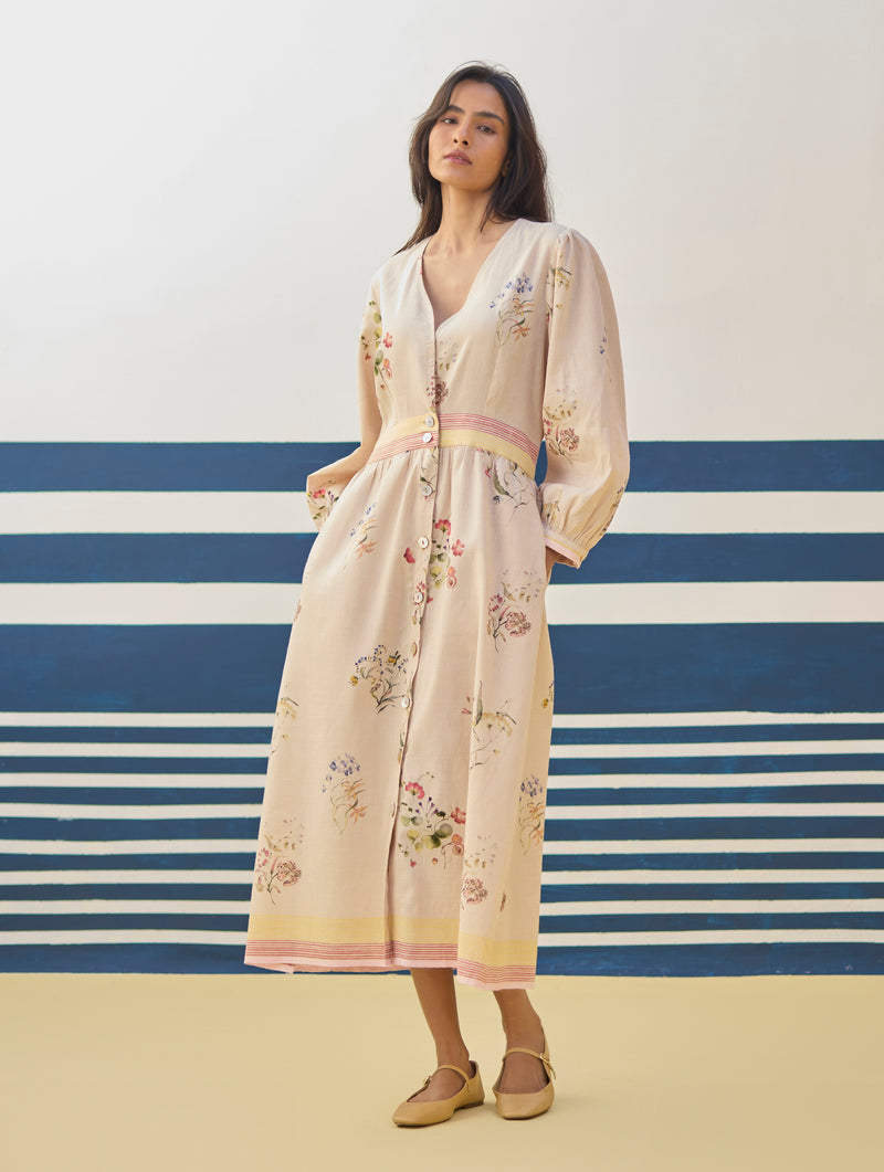 Greta Floral Linen Dress - Sand Manan Greta Floral Linen Dress - Sand Manan