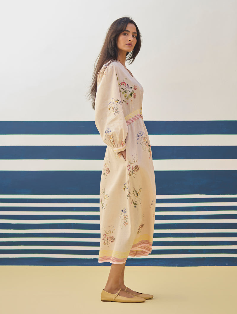 Greta Floral Linen Dress - Sand Manan Greta Floral Linen Dress - Sand Manan
