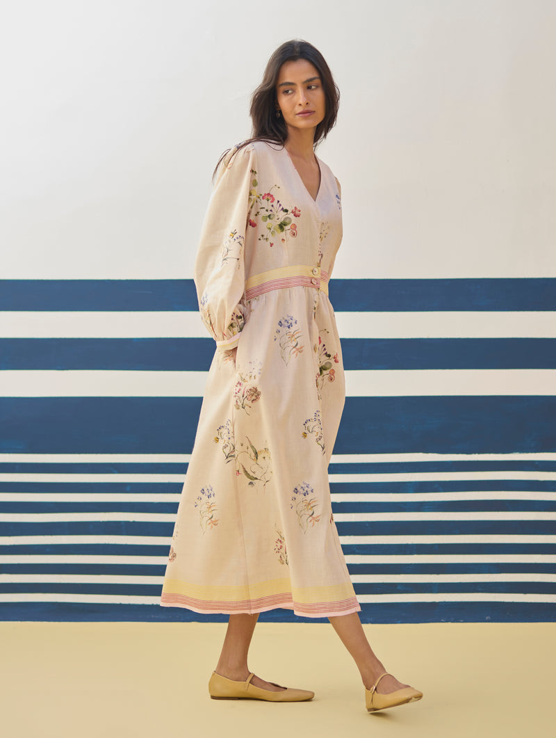 Greta Floral Linen Dress Sand