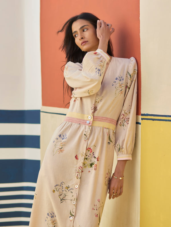 linen dress with flowers Floral Linen Maxi Dress Handmade Long Sleeve Vintage Swing Dress