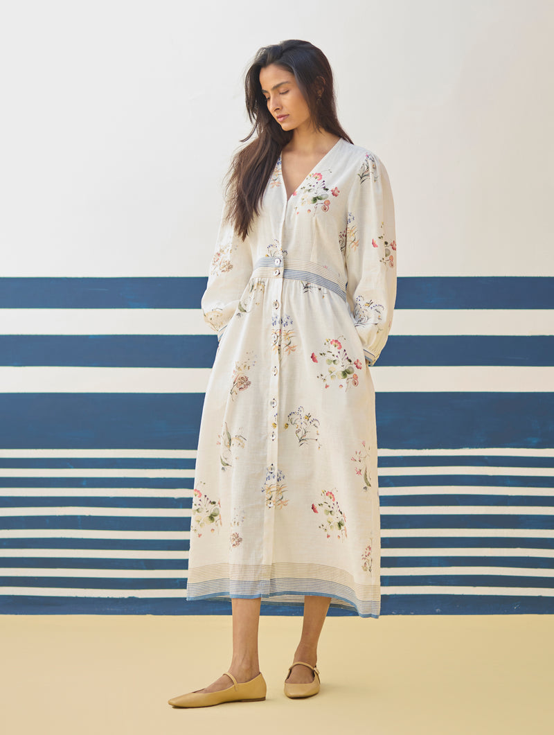 Greta Floral Linen Dress Ivory - Main Image