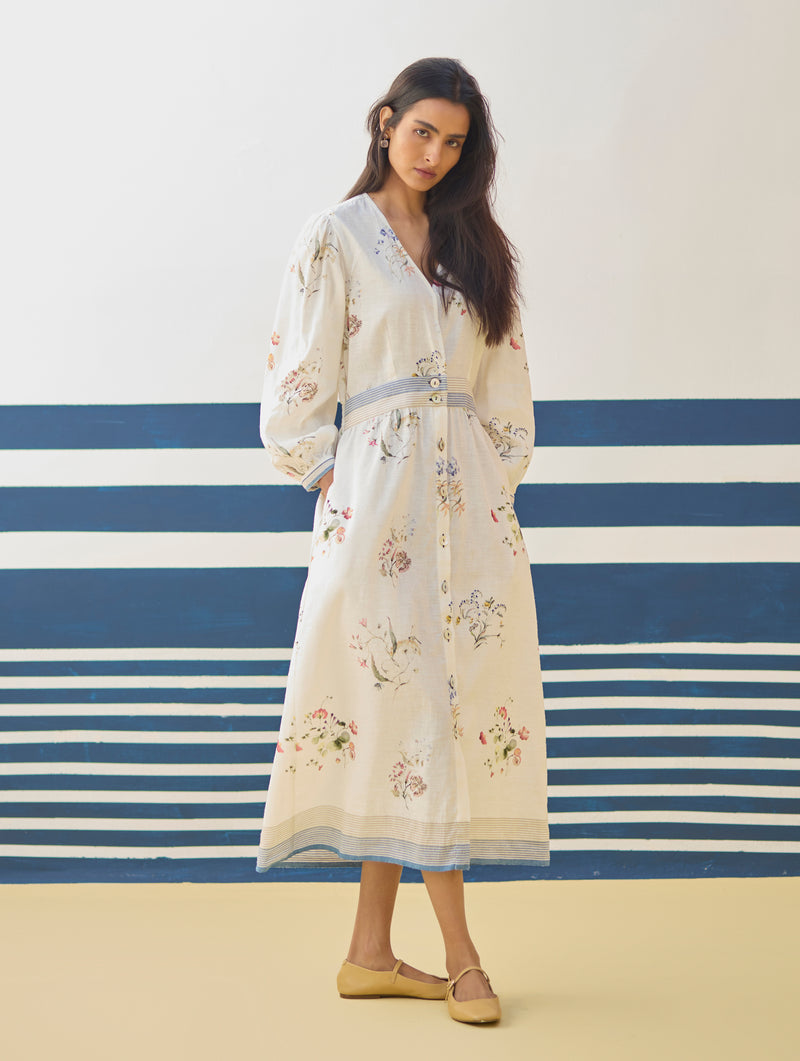 Greta Floral Linen Dress - Ivory Manan Greta Floral Linen Dress - Ivory Manan