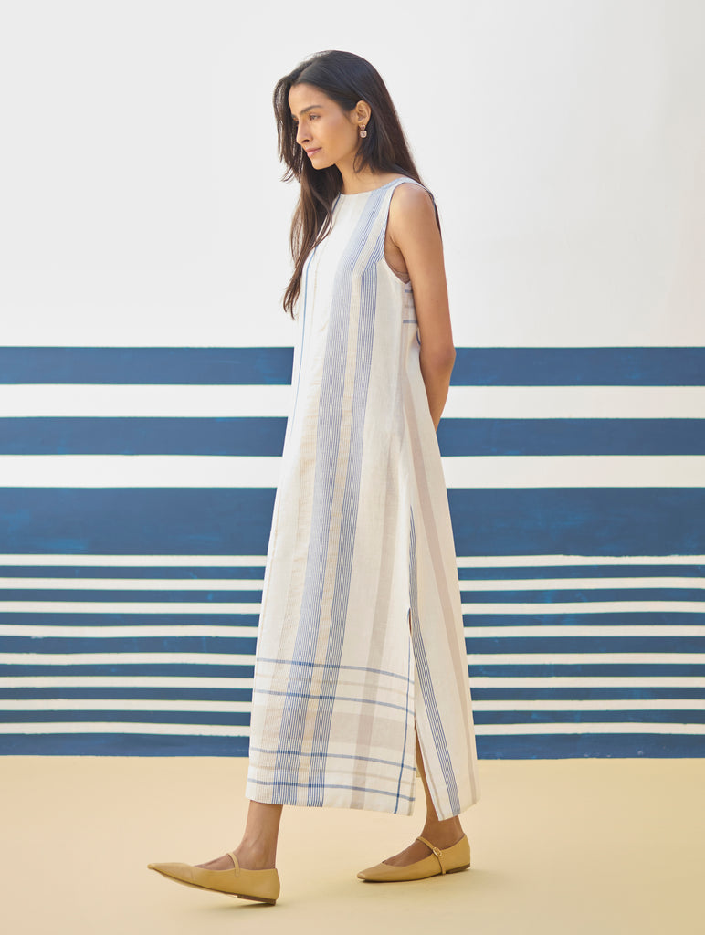 Inara Modern Check Linen Dress - Ivory Manan Inara Modern Check Linen Dress - Ivory Manan