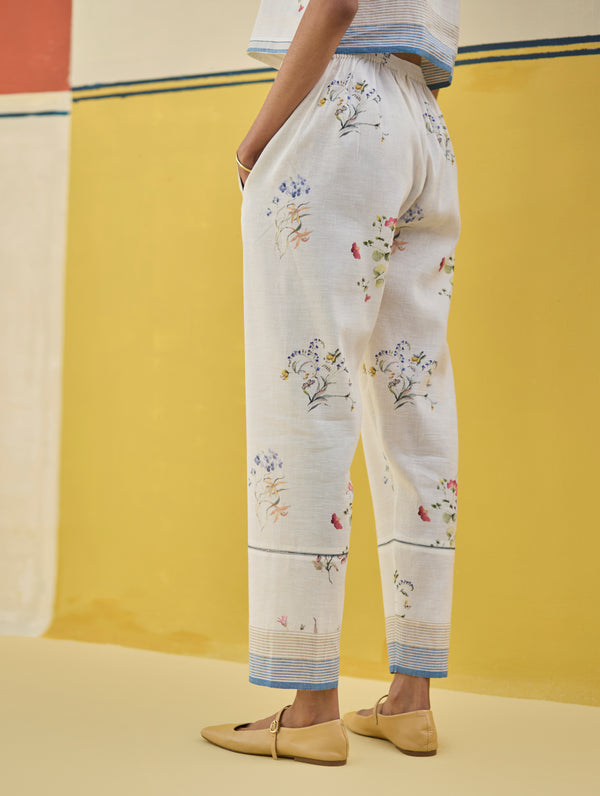 Ema Watercolour Floral Linen Pant - Ivory