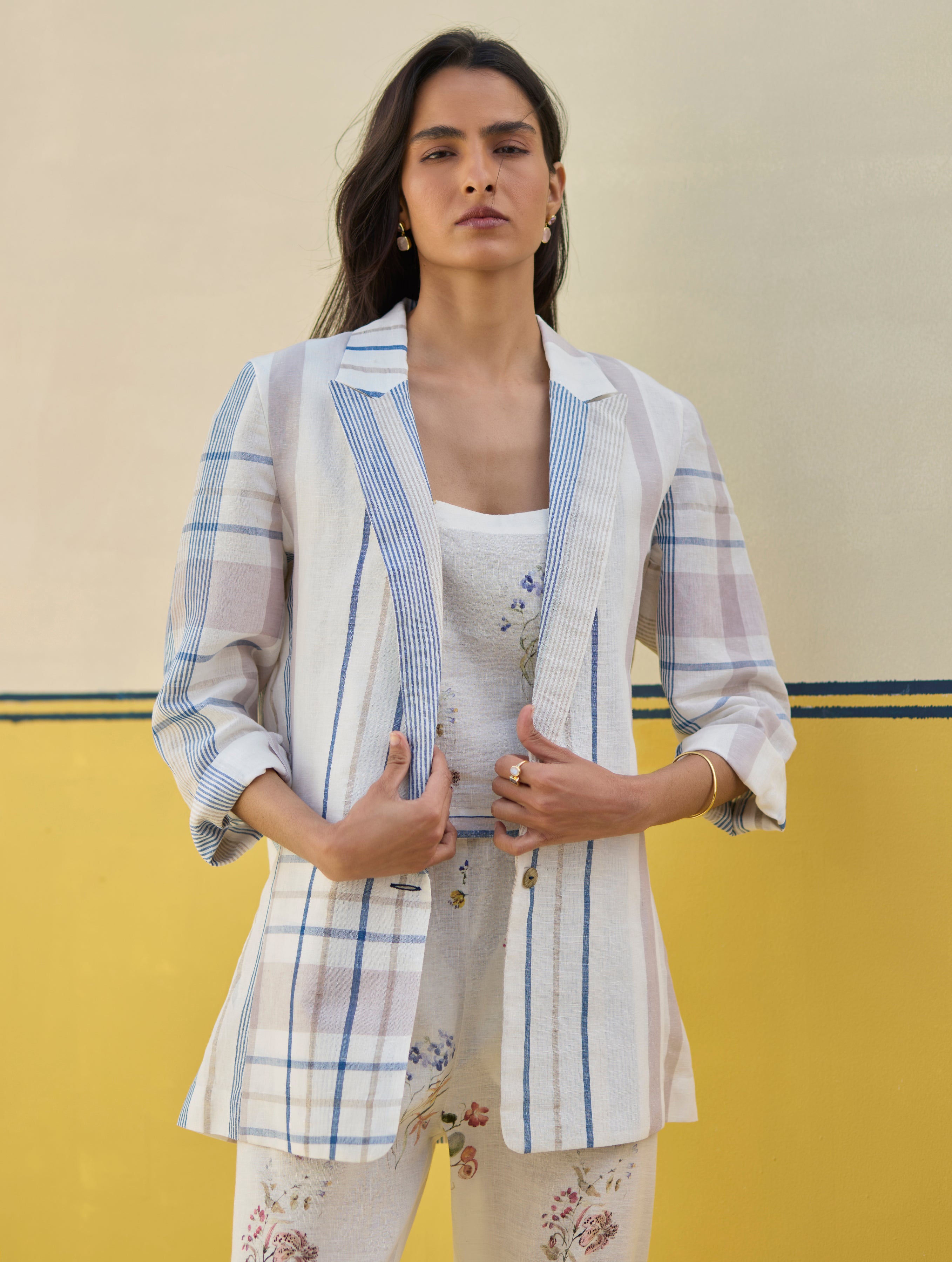 Talia Check Linen Summer Blazer - Ivory – Manan