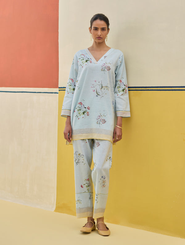 Raha Watercolour Floral Kurta - Sky