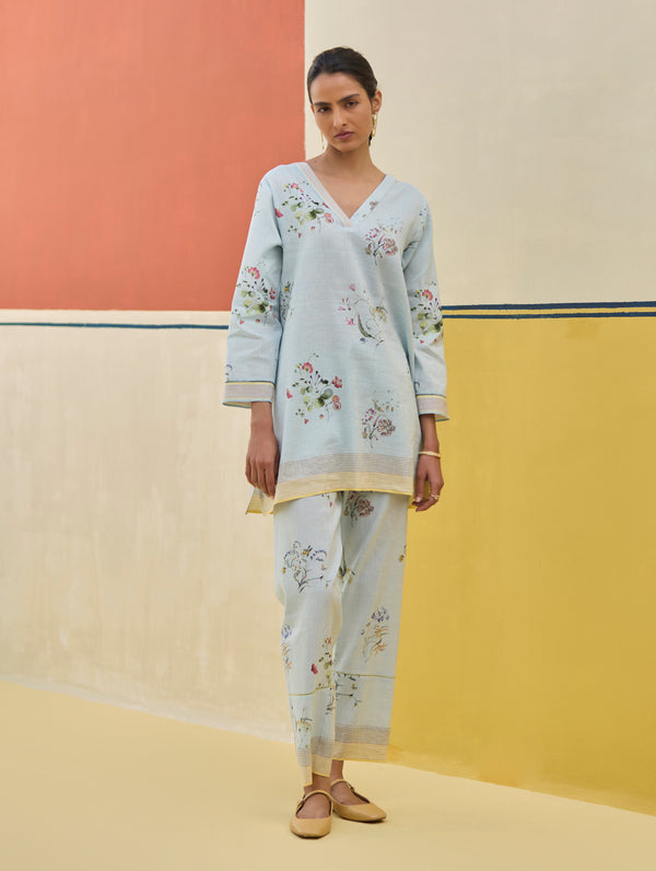 Raha Watercolour Floral Kurta - Sky