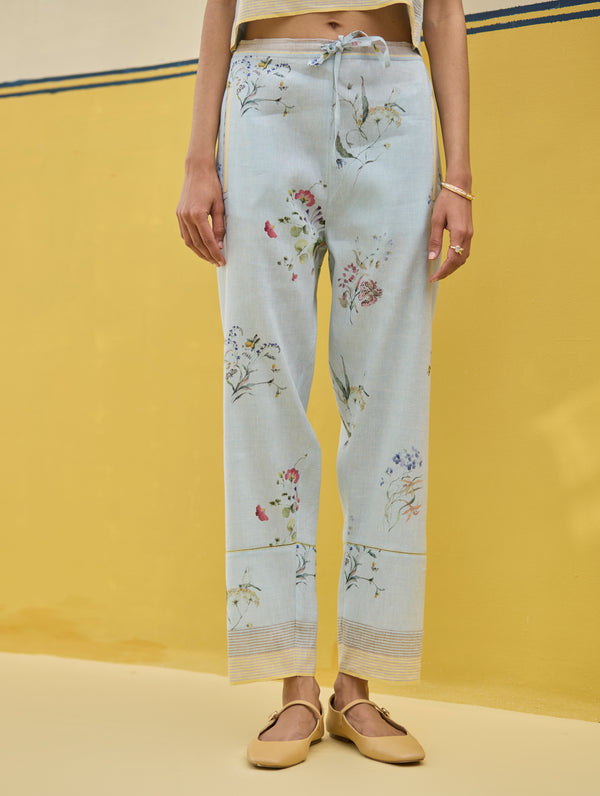 Ema Watercolour Floral Linen Pant - Sky