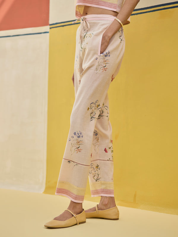 Ema Watercolour Floral Linen Pant - Sand