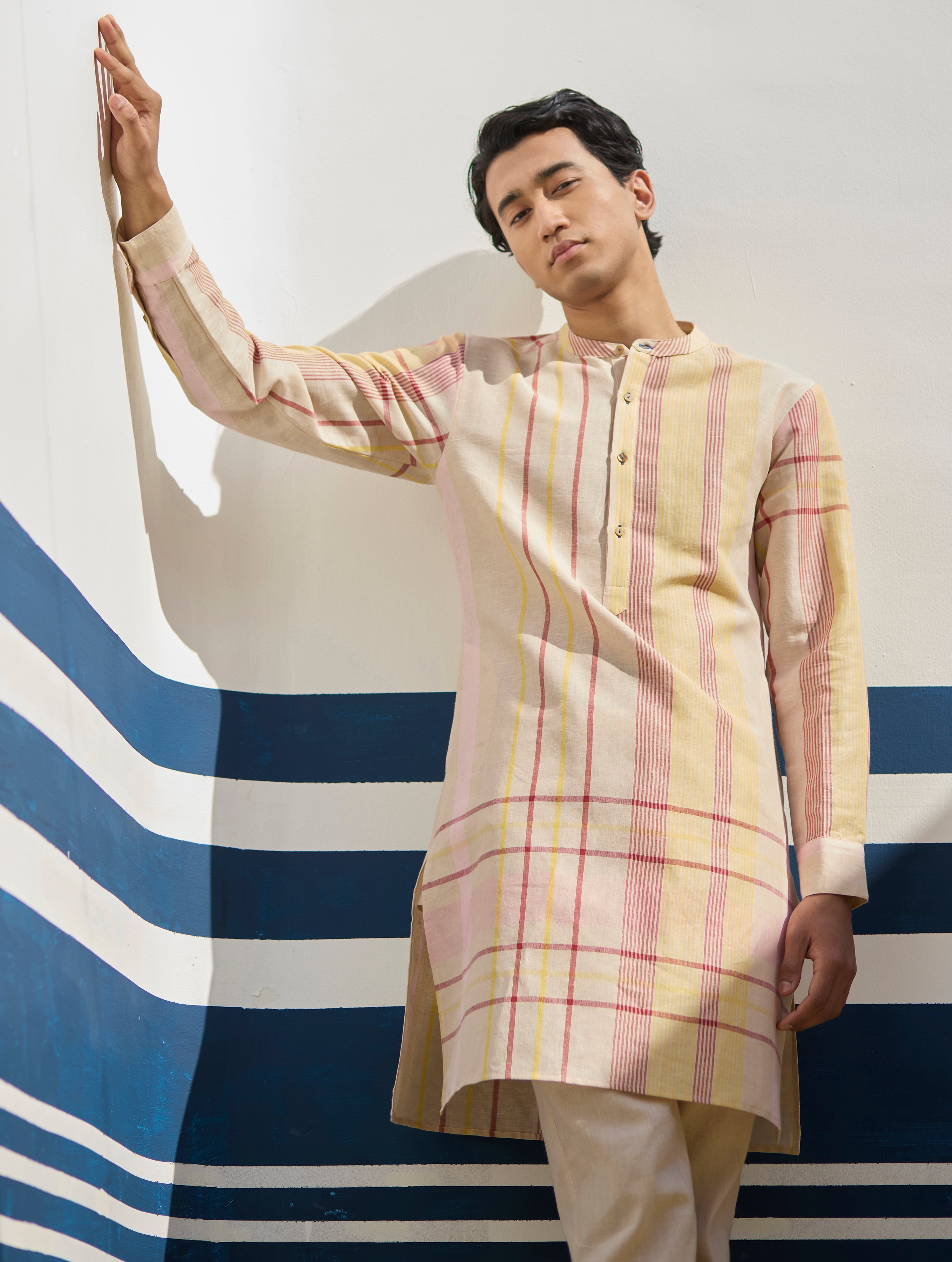 Dako Modern Check Linen Kurta - Sand – Manan
