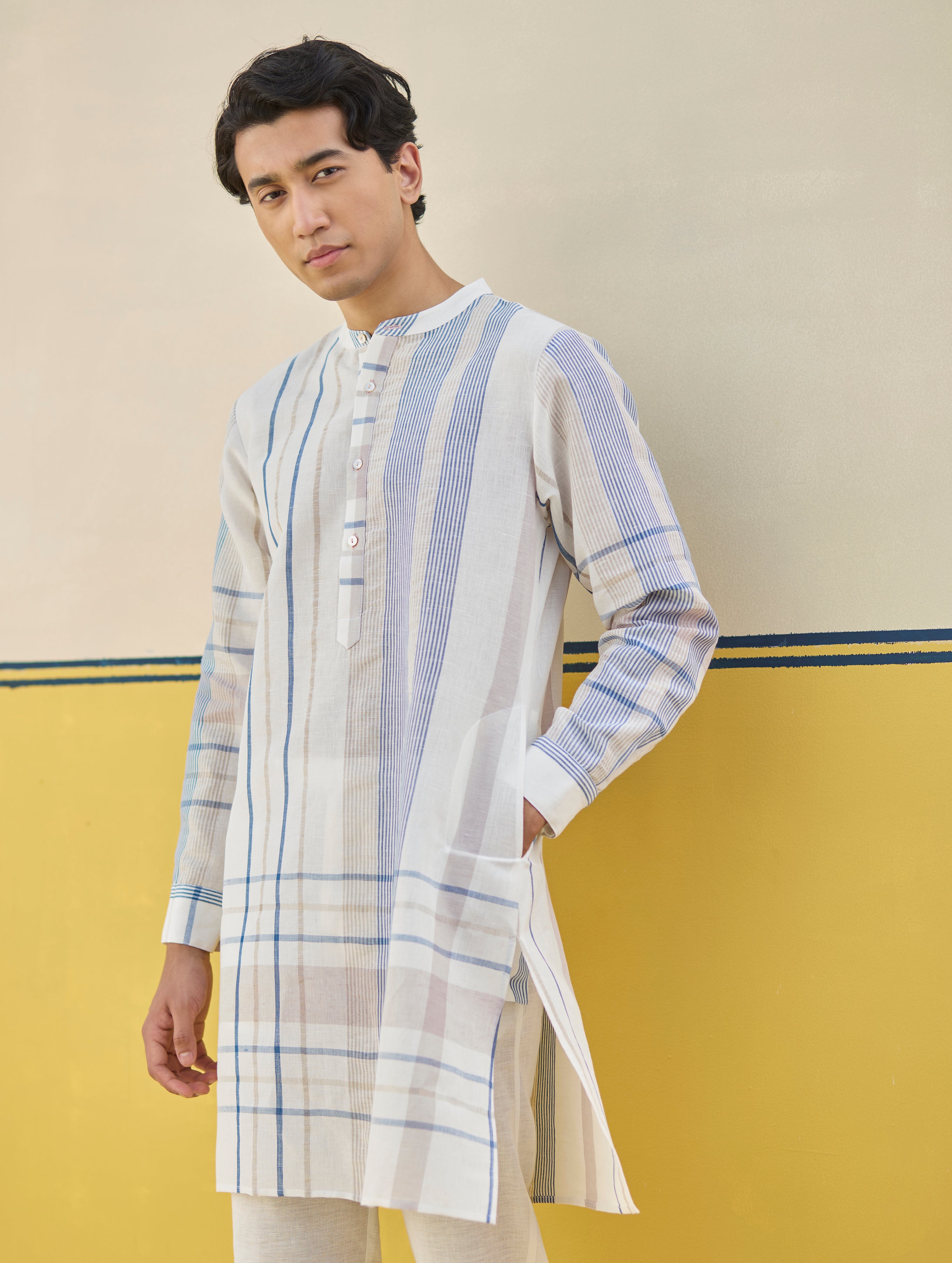 Dako Modern Check Linen Kurta - Ivory – Manan