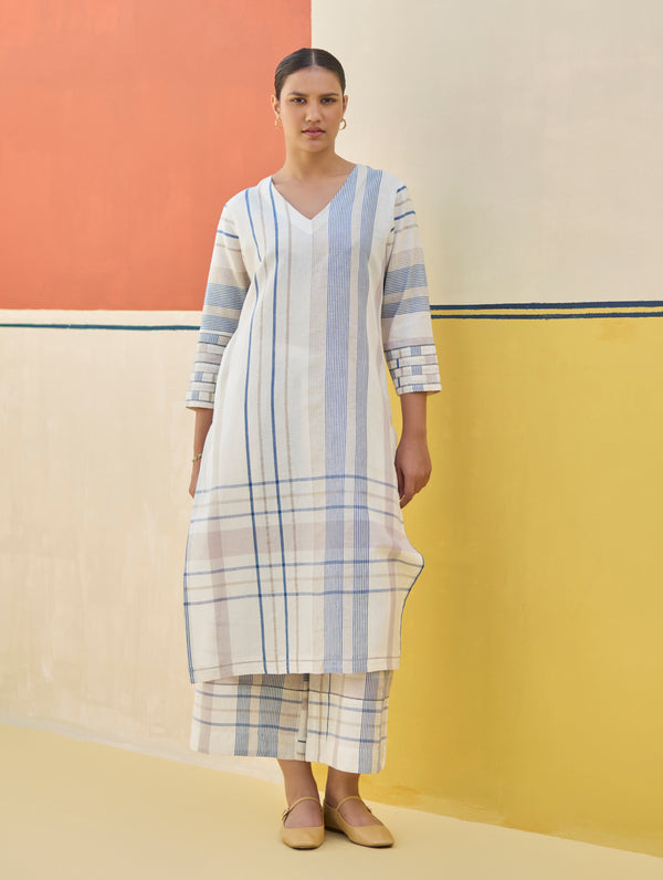 Misa Check Linen Kurta - Ivory