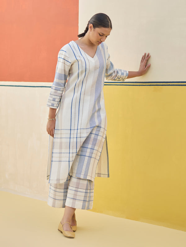 Misa Check Linen Kurta - Ivory