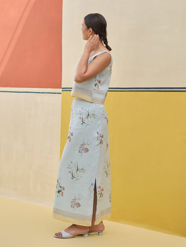 Leena Watercolour Floral Skirt - Sky