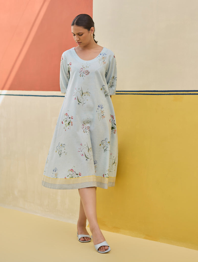 Kaya Floral Linen Dress With Overlay - Sky