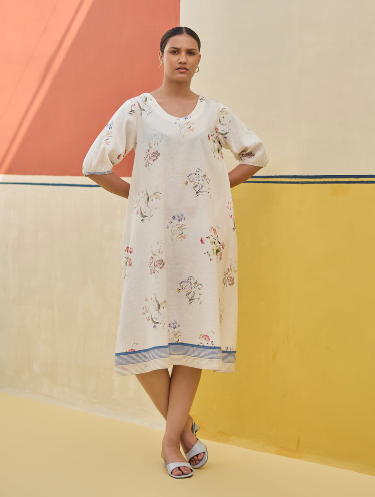 Kaya Watercolour Floral Linen Dress, - Ivory Kaya Watercolour Floral Linen Dress, - Ivory