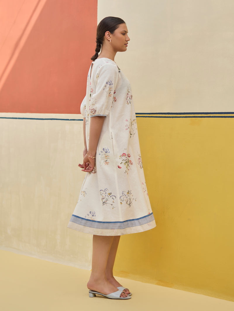 Kaya Floral Linen Dress With Overlay - Ivory Manan Kaya Floral Linen Dress With Overlay - Ivory Manan