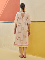 Kaya Floral Linen Dress With Overlay - Sand