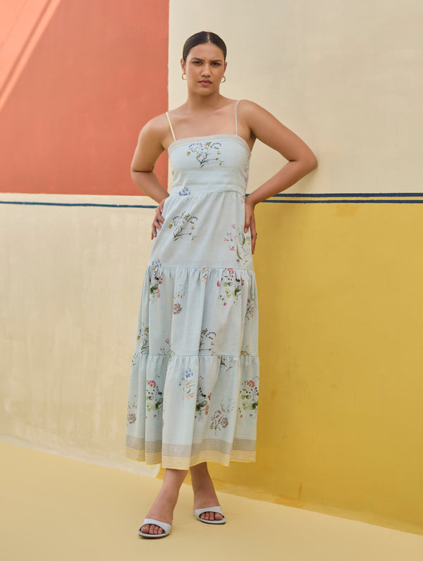 Hena Watercolour Floral Tiered Dress - Sky